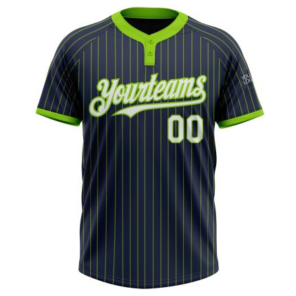 Custom Name and Number Unisex Softball Jersey - Personalized Navy Neon Green Pinstripe Two-Button Design Personalized Navy
