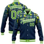 Custom Name and Number Navy Green White 3D Pattern Varsity Letterman Bomber Jacket for Teams Personalized Navy Neon Green-White