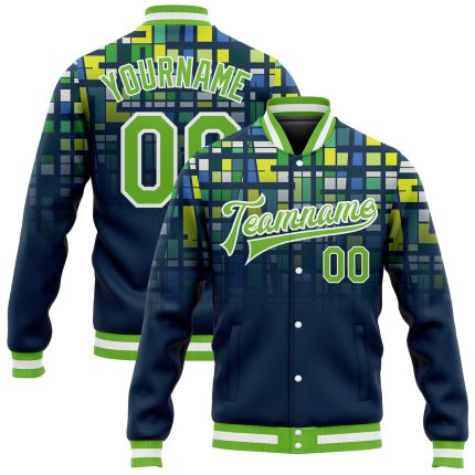 Custom Name and Number Navy Green White 3D Pattern Varsity Letterman Bomber Jacket for Teams Personalized Navy Neon Green-White