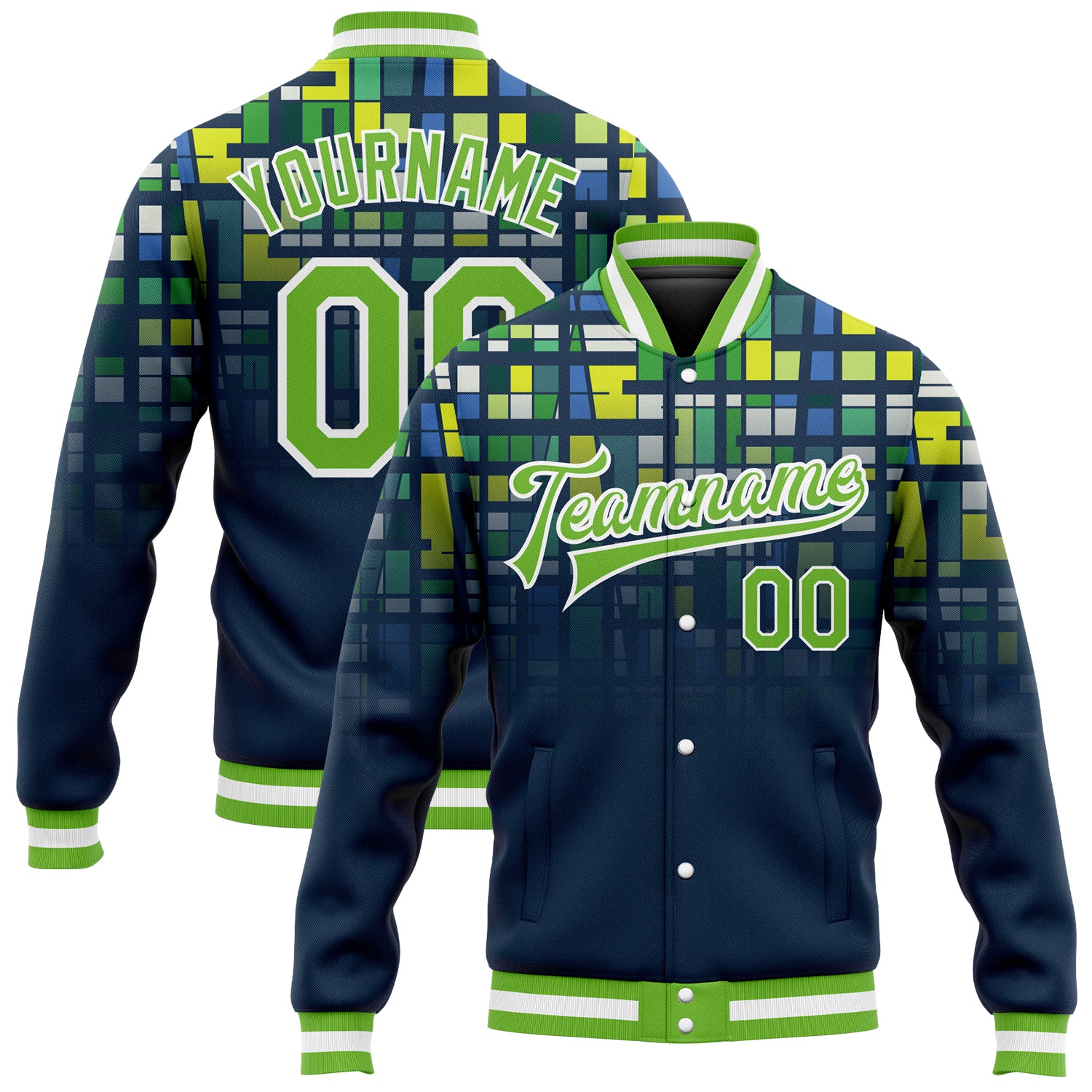 Custom Name and Number Navy Green White 3D Pattern Varsity Letterman Bomber Jacket for Teams Personalized Navy Neon Green-White