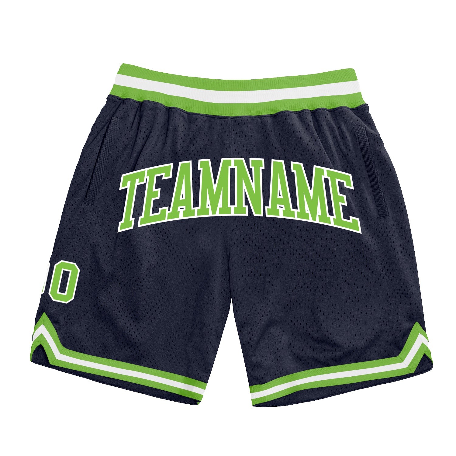 Custom Name and Number Personalized Basketball Shorts - Navy Neon Green White Authentic Throwback Design Personalized Navy