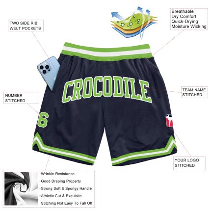 Custom Name and Number Personalized Basketball Shorts - Navy Neon Green White Authentic Throwback Design Personalized Navy