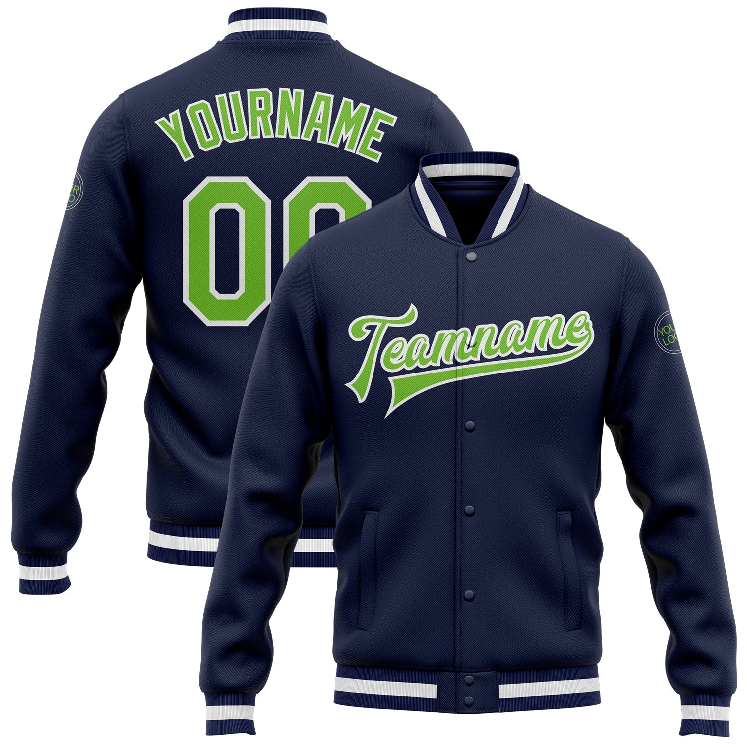 Personalized Team Letterman Jacket Navy Green White Bomber Full-Snap Custom Name Number Personalized Navy Neon Green-White