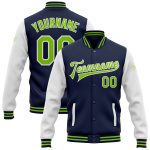 Custom Name Number Neon Green White Navy Bomber Varsity Letterman Two Tone Jacket Full-Snap Team Apparel Personalized Navy