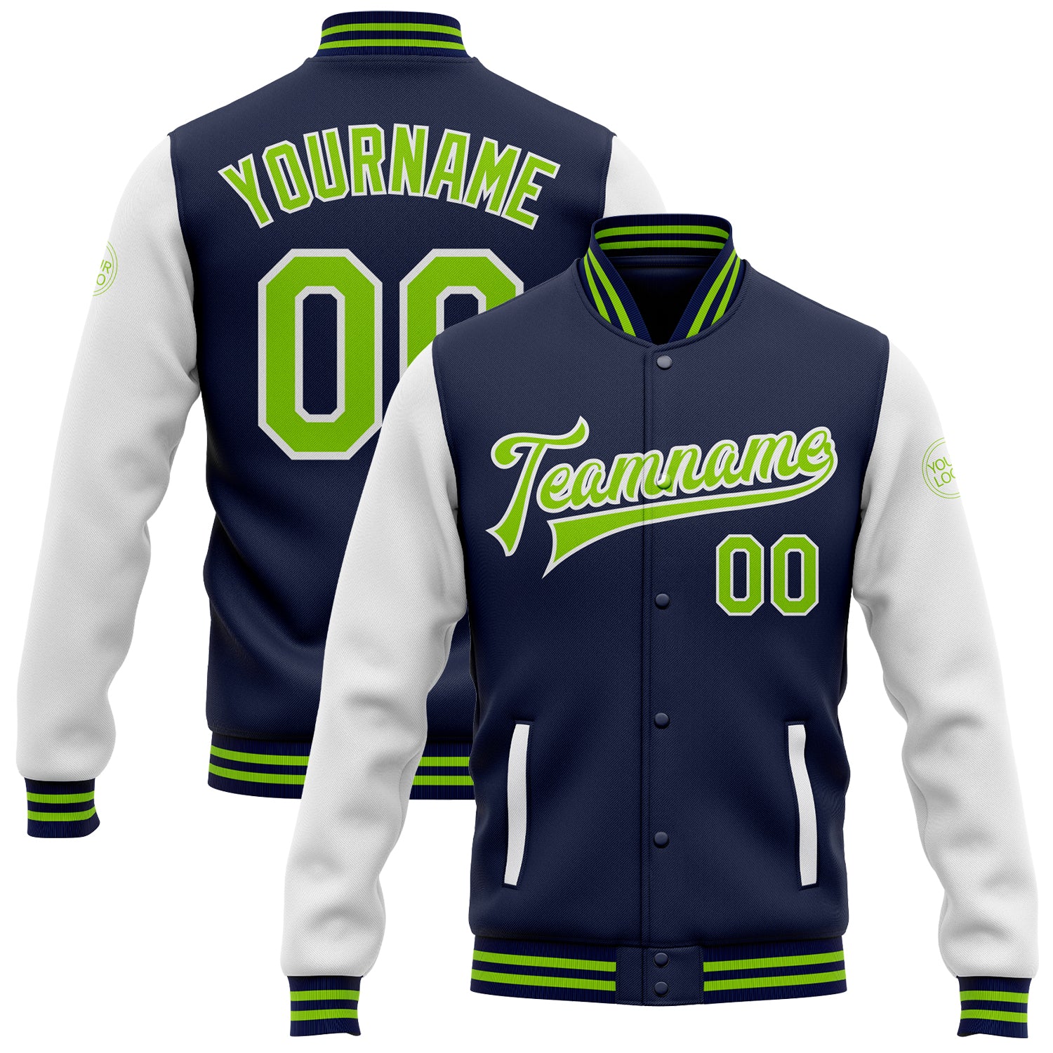 Custom Name Number Neon Green White Navy Bomber Varsity Letterman Two Tone Jacket Full-Snap Team Apparel Personalized Navy