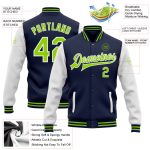 Custom Name Number Neon Green White Navy Bomber Varsity Letterman Two Tone Jacket Full-Snap Team Apparel Personalized Navy