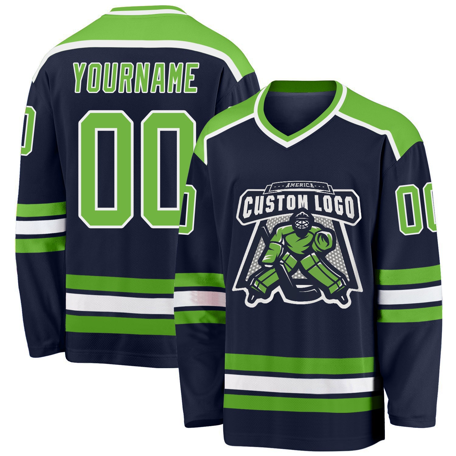 Personalized Navy Neon Green White Hockey Jersey for Men, Women, Kids - Custom Sports Apparel Personalized Navy Neon Green-White