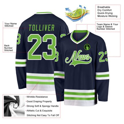Custom Name Number Hockey Jersey - Personalized Navy Neon Green Team Apparel Personalized Navy Neon Green-White Hockey Jersey