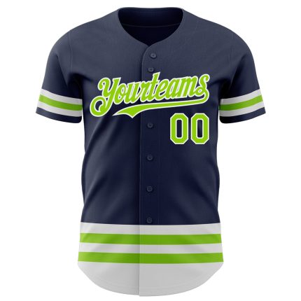 Custom Name and Number Authentic Baseball Jersey - Personalized Navy Neon Green White Line Personalized Navy Neon Green-White