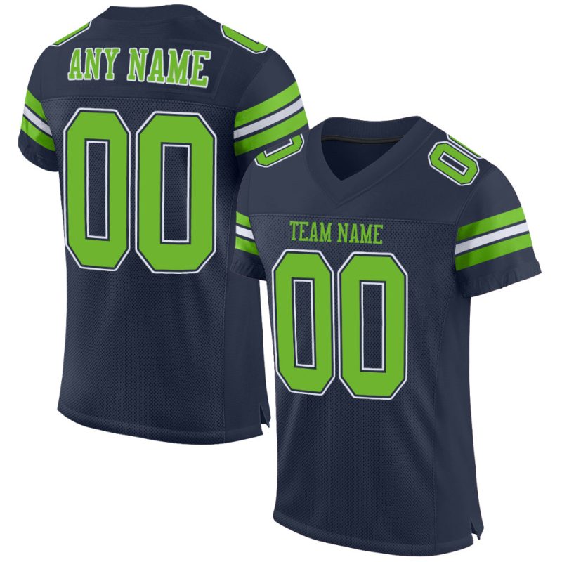 Custom Personalized Football Jersey with Team Name and Number in Navy, Neon Green, and White Mesh Personalized Navy Neon