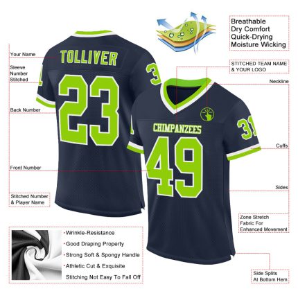 Personalized Authentic Throwback Football Jersey - Custom Name and Number, Navy Neon Green-White Mesh Design Personalized