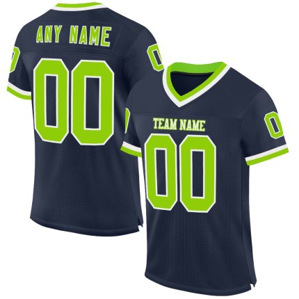 Personalized Authentic Throwback Football Jersey - Custom Name and Number, Navy Neon Green-White Mesh Design Personalized