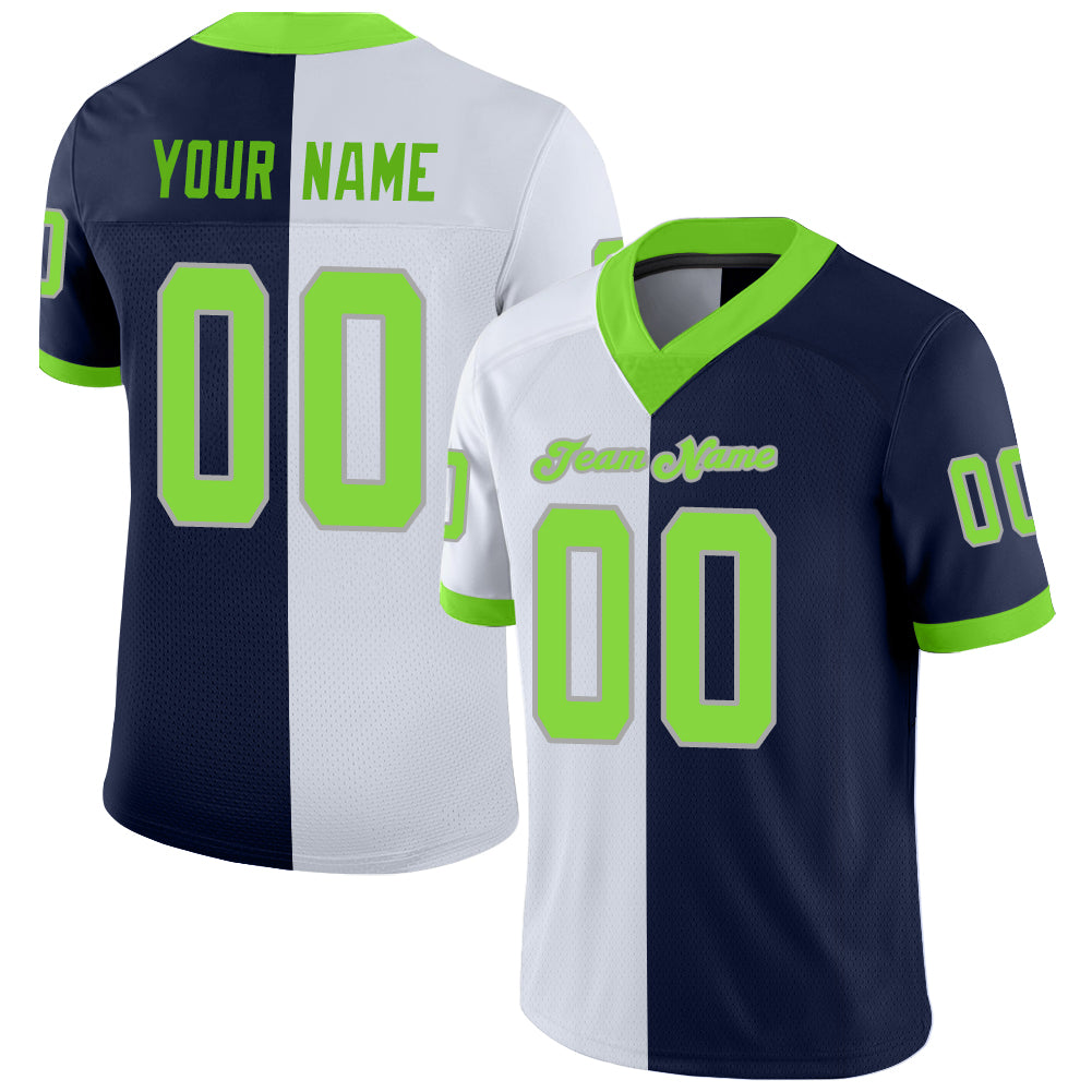 Custom Team Jersey with Personalized Name and Number, Navy Neon Green-White Mesh Fashion Football Jersey Personalized Navy