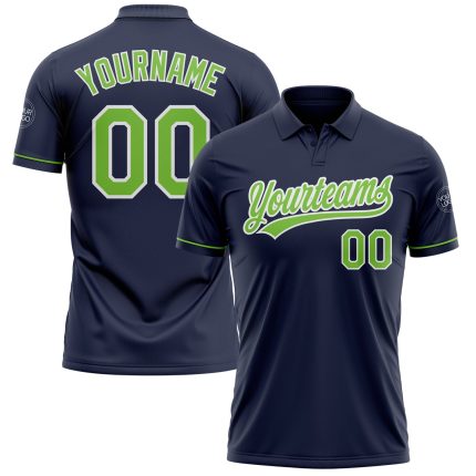 Custom Name and Number Personalized Navy Neon Green-White Performance Golf Polo Shirt Personalized Navy Neon Green-White