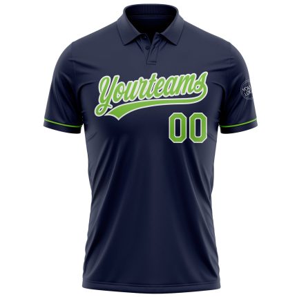 Custom Name and Number Personalized Navy Neon Green-White Performance Golf Polo Shirt Personalized Navy Neon Green-White