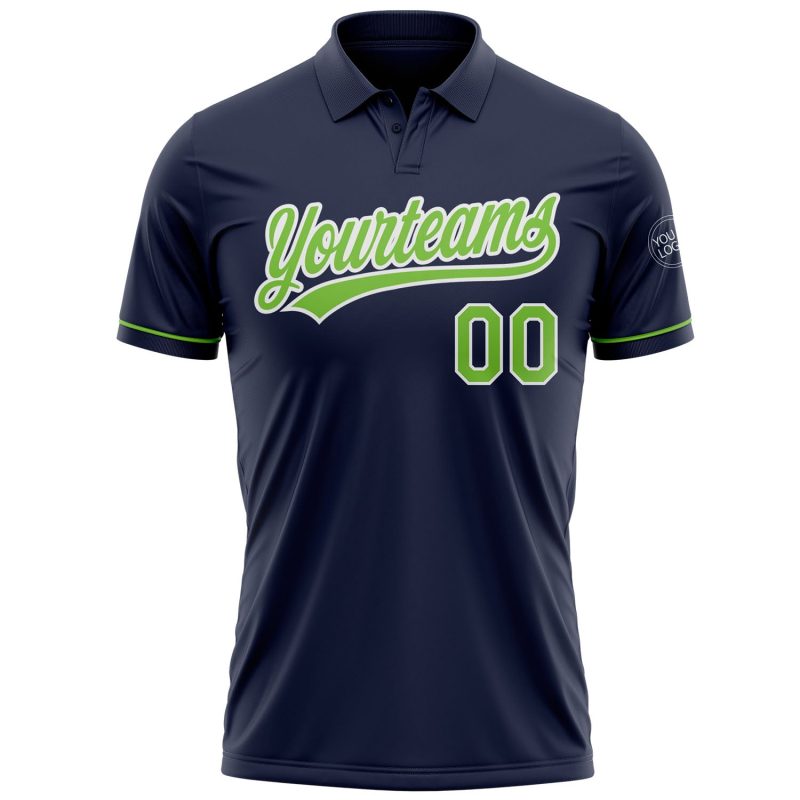 Custom Name and Number Personalized Navy Neon Green-White Performance Golf Polo Shirt Personalized Navy Neon Green-White