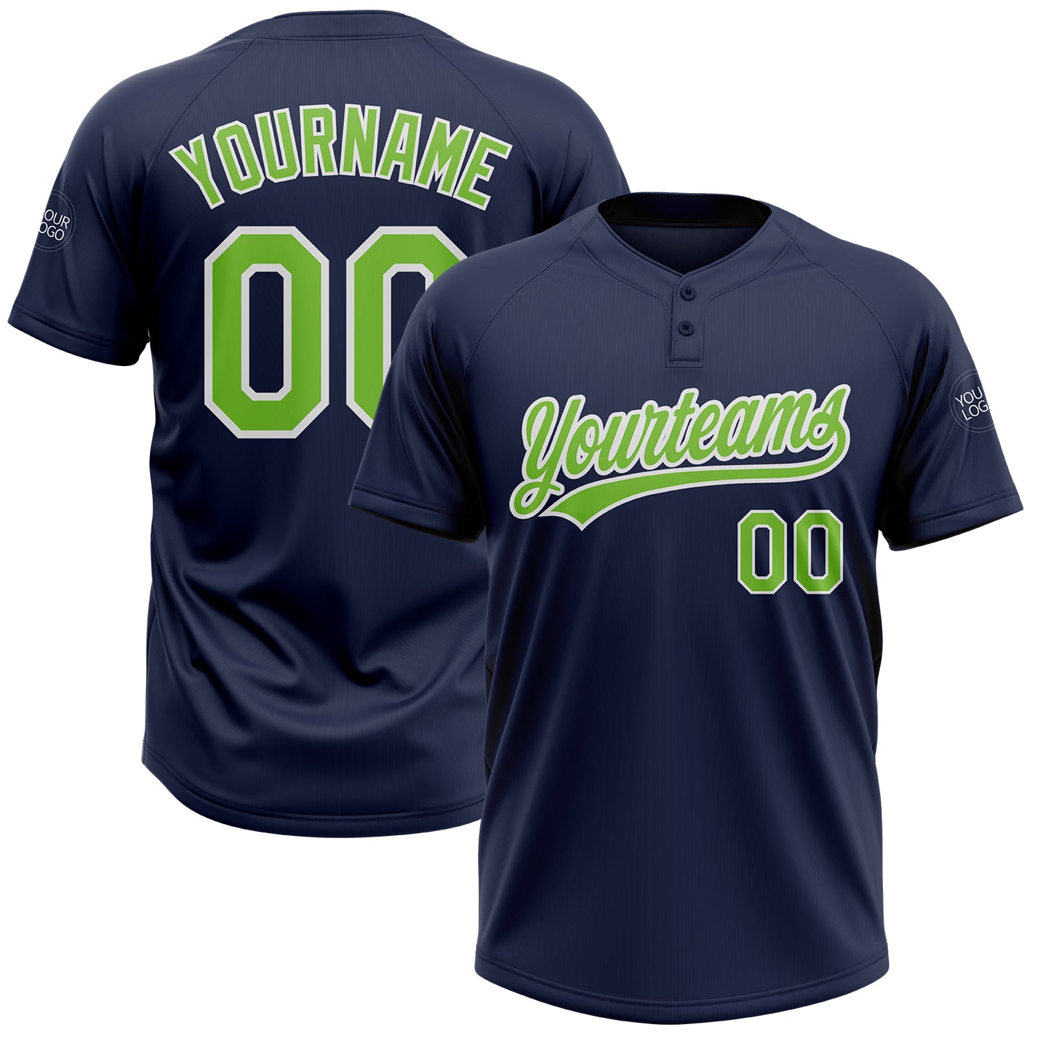 Custom Name and Number Unisex Softball Jersey - Personalized Navy Neon Green White Two-Button Design Personalized Navy Neon