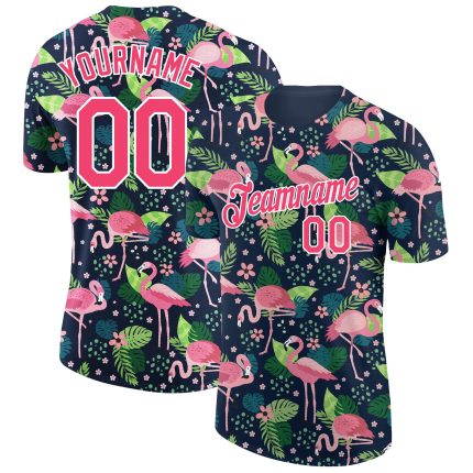 Custom Tropical Hawaii Flamingo Performance T-Shirt with Personalized Name and Number - Navy Neon Pink-White 3D Pattern Design