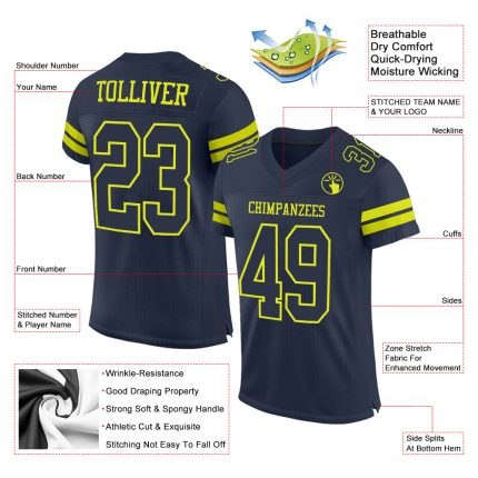 Custom Personalized Football Jersey - Navy Neon Yellow Mesh with Team Name & Number Personalized Navy Neon Yellow Mesh Authentic