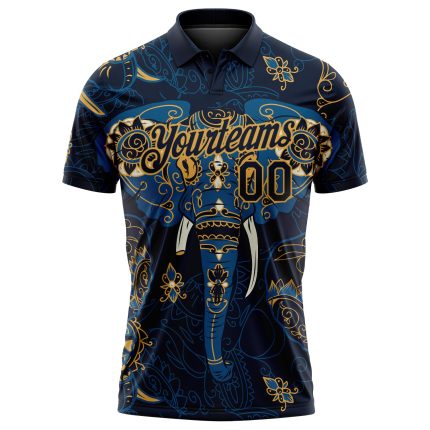 Custom Name and Number Golf Polo Shirt - Personalized Navy and Old Gold 3D Elephant Pattern Design Personalized Navy Old