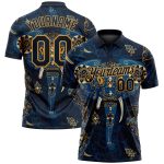 Custom Name and Number Golf Polo Shirt - Personalized Navy and Old Gold 3D Elephant Pattern Design Personalized Navy Old