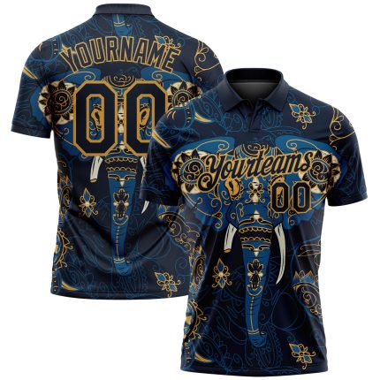 Custom Name and Number Golf Polo Shirt - Personalized Navy and Old Gold 3D Elephant Pattern Design Personalized Navy Old