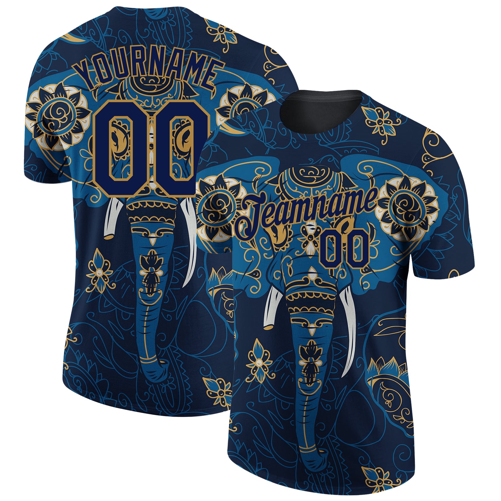 Personalized Elephant T-Shirt with Custom Name and Number in Navy and Old Gold 3D Pattern Design Personalized Navy Old Gold