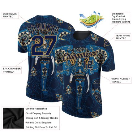 Personalized Elephant T-Shirt with Custom Name and Number in Navy and Old Gold 3D Pattern Design Personalized Navy Old Gold