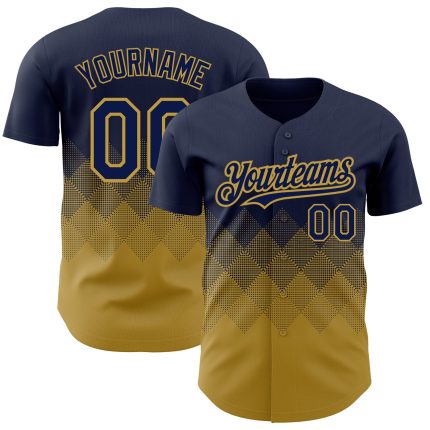 Custom Name & Number Personalized Navy Gold 3D Gradient Baseball Jersey with Square Shapes Design Personalized Navy Old Gold