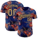 Personalized 3D Pattern Big Flower Baseball Jersey in Navy and Old Gold-Black, Custom Name and Number, Northeast China Design