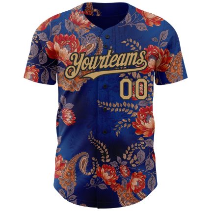 Personalized 3D Pattern Big Flower Baseball Jersey in Navy and Old Gold-Black, Custom Name and Number, Northeast China Design