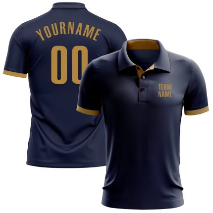 Custom Team Name Number Golf Polo Shirt - Personalized Navy Old Gold Performance Design Personalized Navy Old Gold Performance