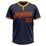 Custom Name and Number Unisex Softball Jersey - Personalized Navy and Old Gold Pinstripe, Two-Button Design Personalized