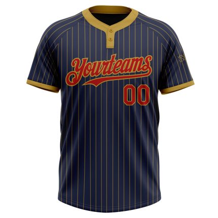 Custom Name and Number Unisex Softball Jersey - Personalized Navy and Old Gold Pinstripe, Two-Button Design Personalized