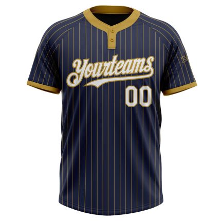Custom Name and Number Unisex Softball Jersey - Personalized Navy and Old Gold Pinstripe Two-Button Design Personalized Navy