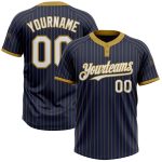 Custom Name and Number Unisex Softball Jersey - Personalized Navy and Old Gold Pinstripe Two-Button Design Personalized Navy