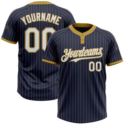 Custom Name and Number Unisex Softball Jersey - Personalized Navy and Old Gold Pinstripe Two-Button Design Personalized Navy