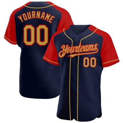 Custom Name and Number Baseball Jersey - Personalized Navy Old Gold-Red Authentic Raglan Sleeves Personalized Navy Old Gold-Red