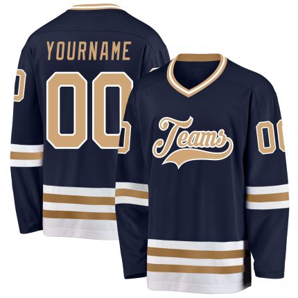Custom Hockey Jersey - Personalized Navy and Old Gold-White Team Name & Number Personalized Navy Old Gold-White Hockey Jersey