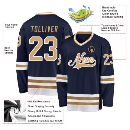 Custom Hockey Jersey - Personalized Navy and Old Gold-White Team Name & Number Personalized Navy Old Gold-White Hockey Jersey