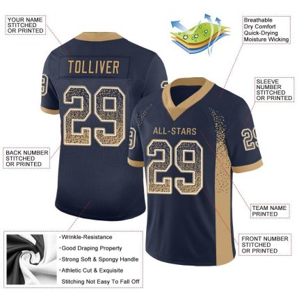 Custom Name and Number Personalized Navy Gold White Mesh Drift Football Jersey - Team Apparel Personalized Navy Old Gold-White