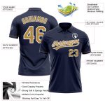 Custom Navy Gold Performance Golf Polo Shirt with Team Name and Number - Personalized Vapor Style Personalized Navy Old Gold-White
