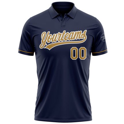 Custom Navy Gold Performance Golf Polo Shirt with Team Name and Number - Personalized Vapor Style Personalized Navy Old Gold-White