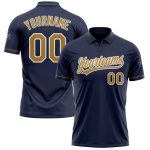 Custom Navy Gold Performance Golf Polo Shirt with Team Name and Number - Personalized Vapor Style Personalized Navy Old Gold-White