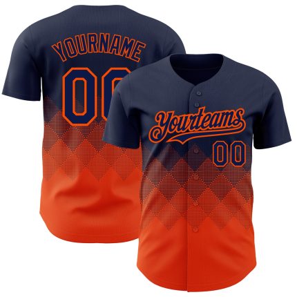 Custom Name & Number 3D Pattern Gradient Baseball Jersey - Personalized Navy & Orange Square Shapes Design Personalized Navy