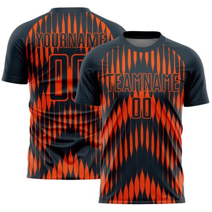 Custom Name and Number Soccer Uniform Jersey - Personalized Navy Orange Abstract Triangle Design Personalized Navy Orange