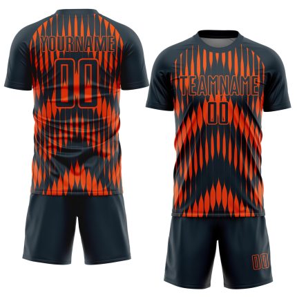 Custom Name and Number Soccer Uniform Jersey - Personalized Navy Orange Abstract Triangle Design Personalized Navy Orange
