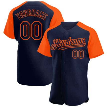 Custom Name and Number Baseball Jersey in Navy Orange Authentic Raglan Sleeves Personalized Navy Orange Authentic Raglan