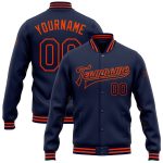 Custom Navy Orange Bomber Varsity Jacket with Personalized Name and Number - Full-Snap Letterman Jacket Personalized Navy