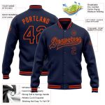 Custom Navy Orange Bomber Varsity Jacket with Personalized Name and Number - Full-Snap Letterman Jacket Personalized Navy